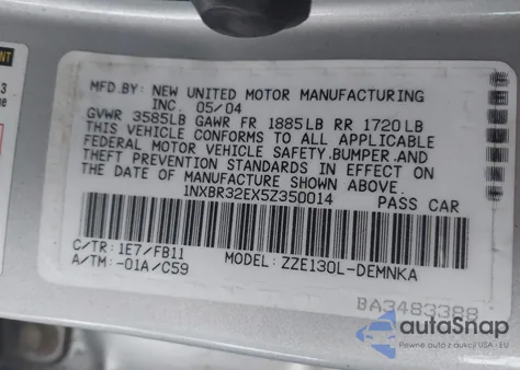 2005 Toyota Corolla Le z USA, uszkodzony, nr VIN 1NXBR32EX5Z350014